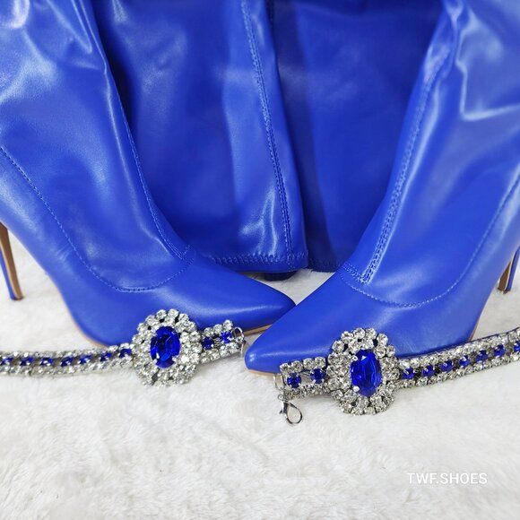 Lawless Bold Blue Stretch Leatherette Rhinestone Ankle Bracelet Thigh High Boots - Picture 5 of 17